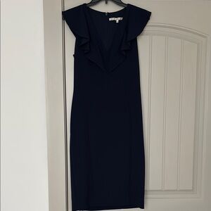 RACHEL Rachel Roy Black Sheath Midi Dress V-Neck Flutter Cap Sleeves